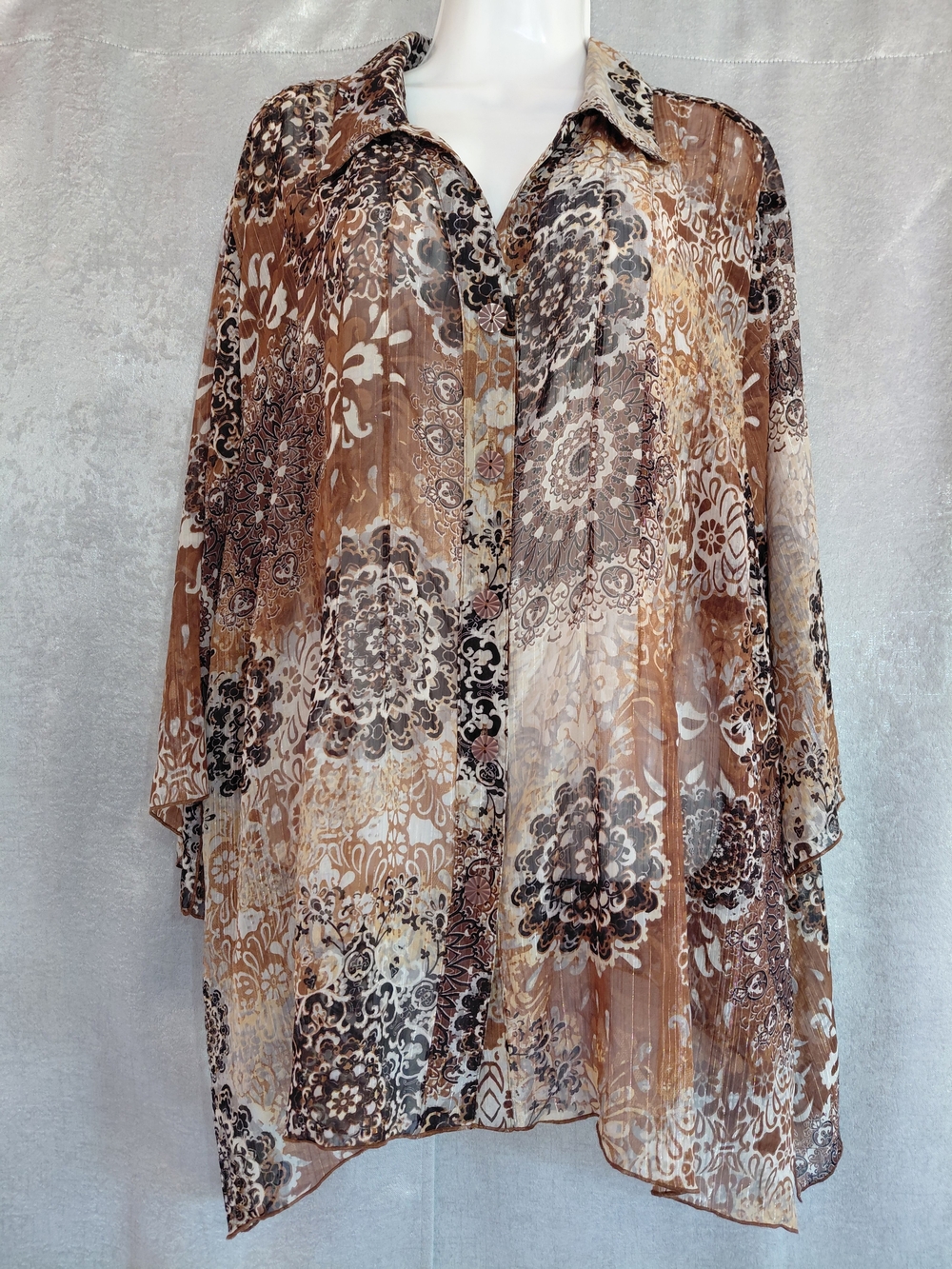 Maggie Barnes Women Sheer Metallic Shimmer Tunic Brown Boho Plus SZ 3X 26W/28W